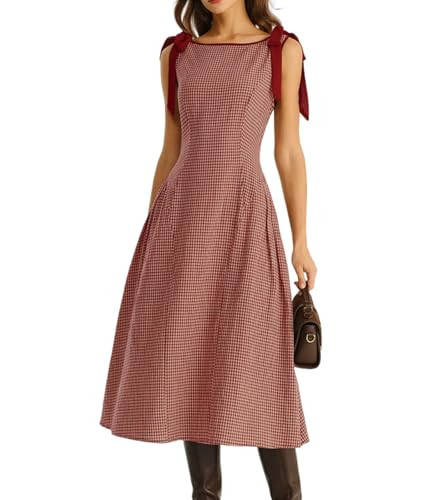 RIHOAS Women's Plaid Boat Neck A-Line Midi Dress - Casual Vintage Plaid Dress for Women, Flattering Fit for Daily Wear & Weekend Outings Red | Amazon (US)