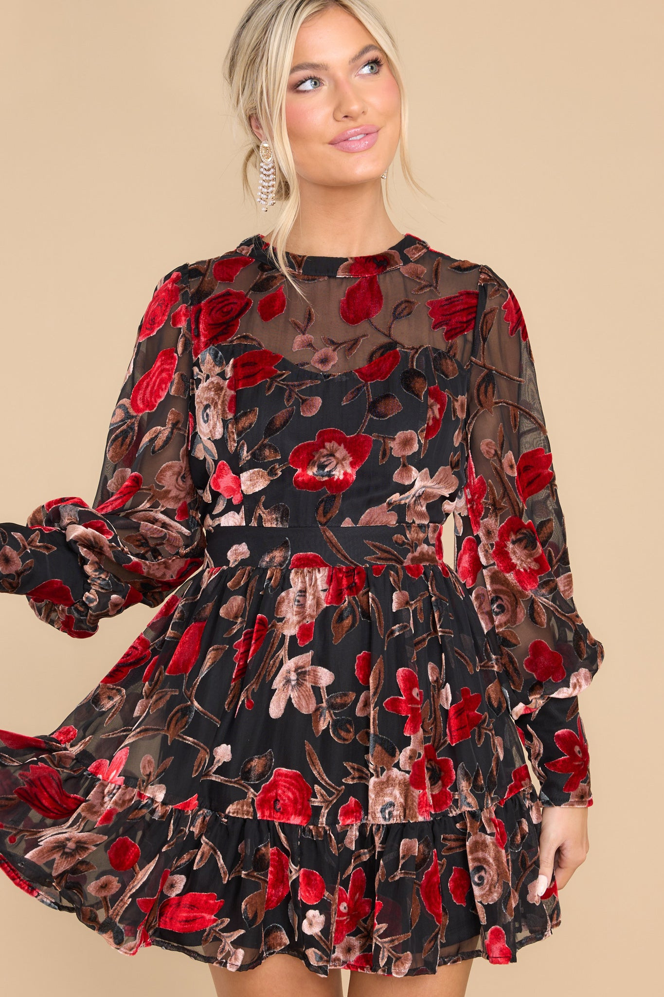 Alluring Blooms Black Floral Print Velvet Dress | Red Dress 