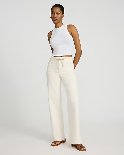 High Waisted Ivory Wash Drawstring Wide Leg Jeans | Express