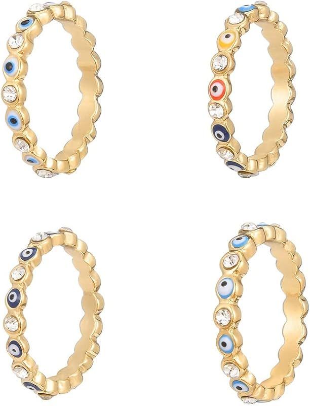 COLORFUL BLING 4 Pcs Set 14K Gold Plated Evil Eye Ring White Gold Plated Eye Ring Set Adjustable ... | Amazon (US)