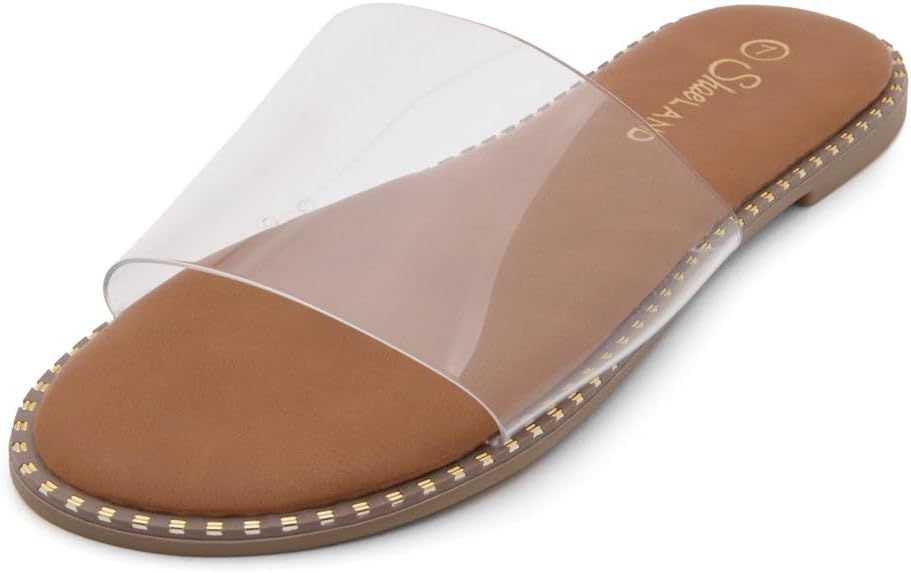 Shoe Land Carlena Womens Flat Sandals Fashion Slides Black White Tan Clear Flat Sandals Open Toe ... | Amazon (US)