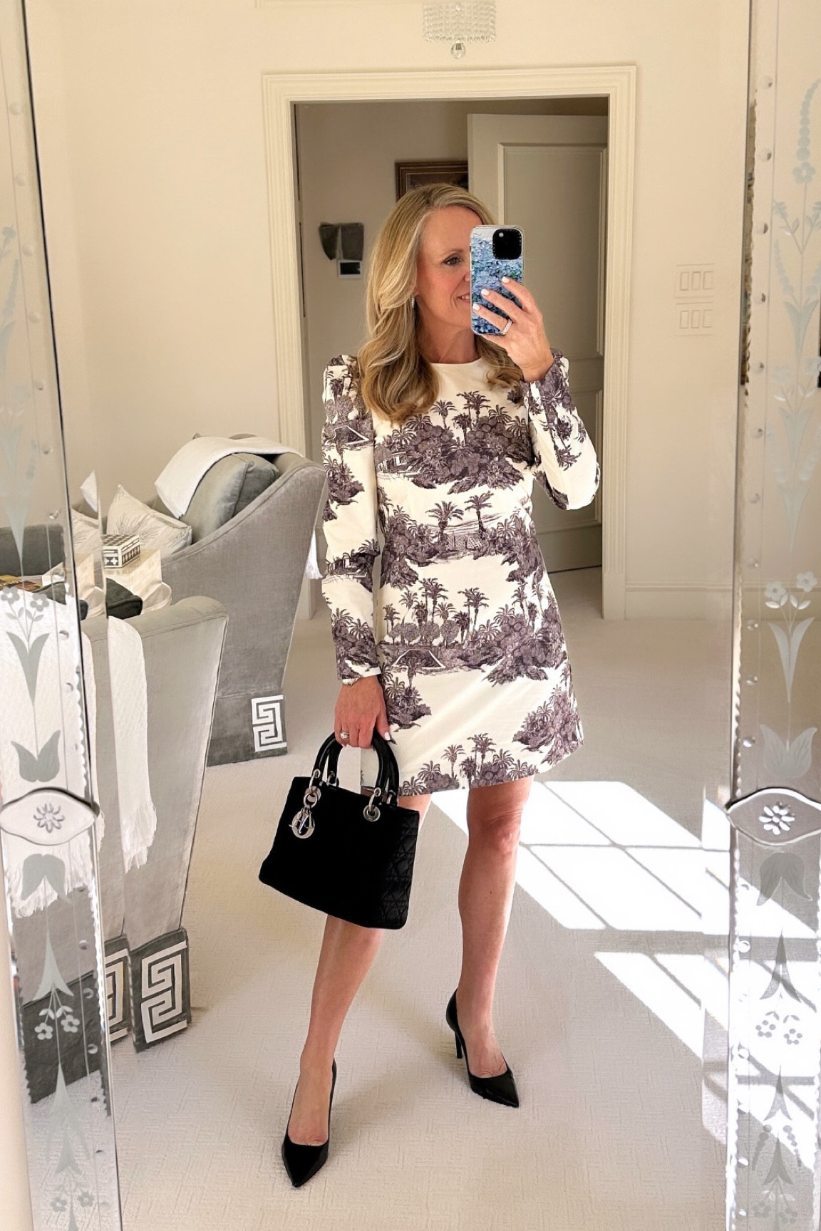 The perfect black and white dress for holiday parties! Wearing this black and white toile dress from Tuckernuck x India Hicks to a Christmas tea with classic black pumps the Stuart Weitzman power pump, 100 mm classic black heels, and black Lady Dior handbag 
It would also be great with black tights. Tall  boots for a more casual
Dress and shoes fit true to size 

#LTKStyleTip #LTKHoliday #LTKOver40