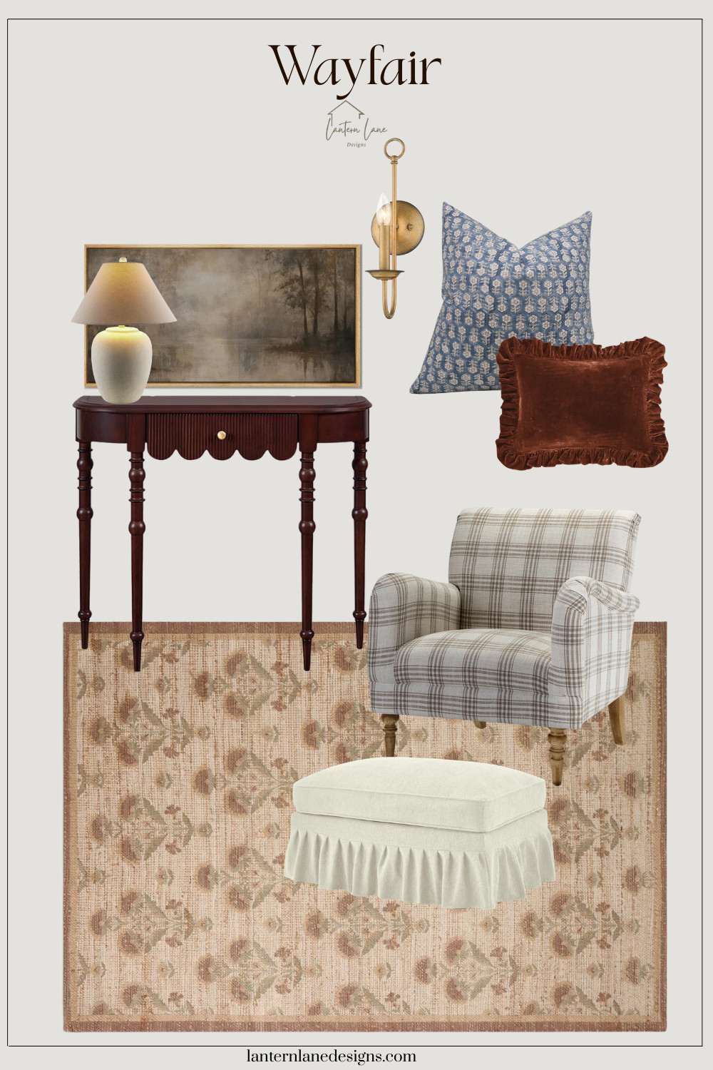 Looking for timeless home decor that feels designer without the designer price? These beautiful Wayfair finds include a classic plaid accent chair, vintage-inspired rug, scalloped console table, cozy ottoman, textured throw pillows, statement wall art, and warm brass lighting to create a cozy, modern cottage home. 

 #LTKHome #LTKSaleAlert