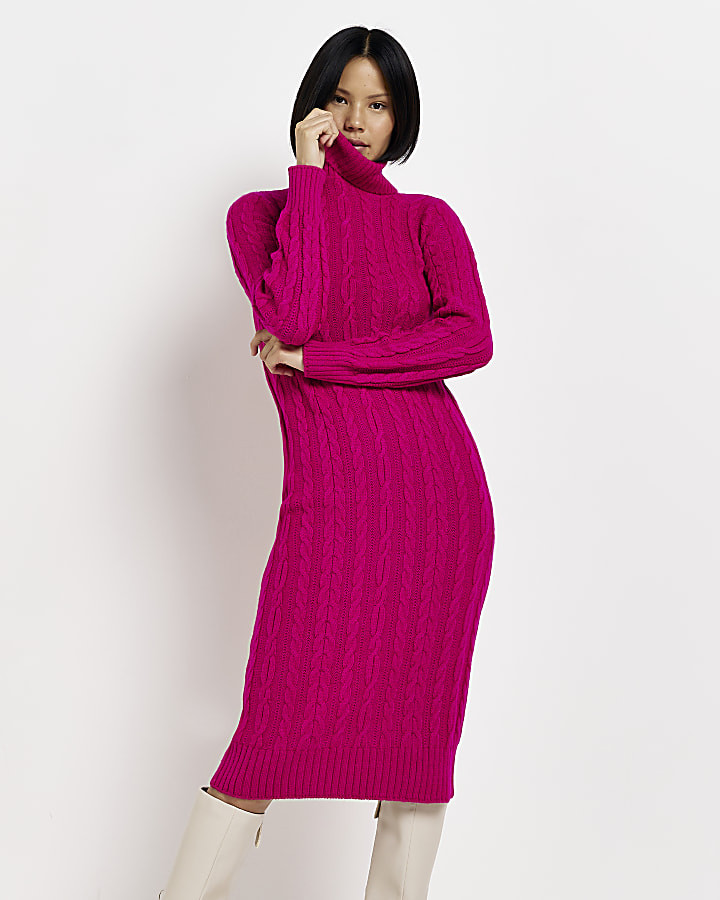 Pink long sleeve cable maxi jumper dress | River Island (UK & IE)