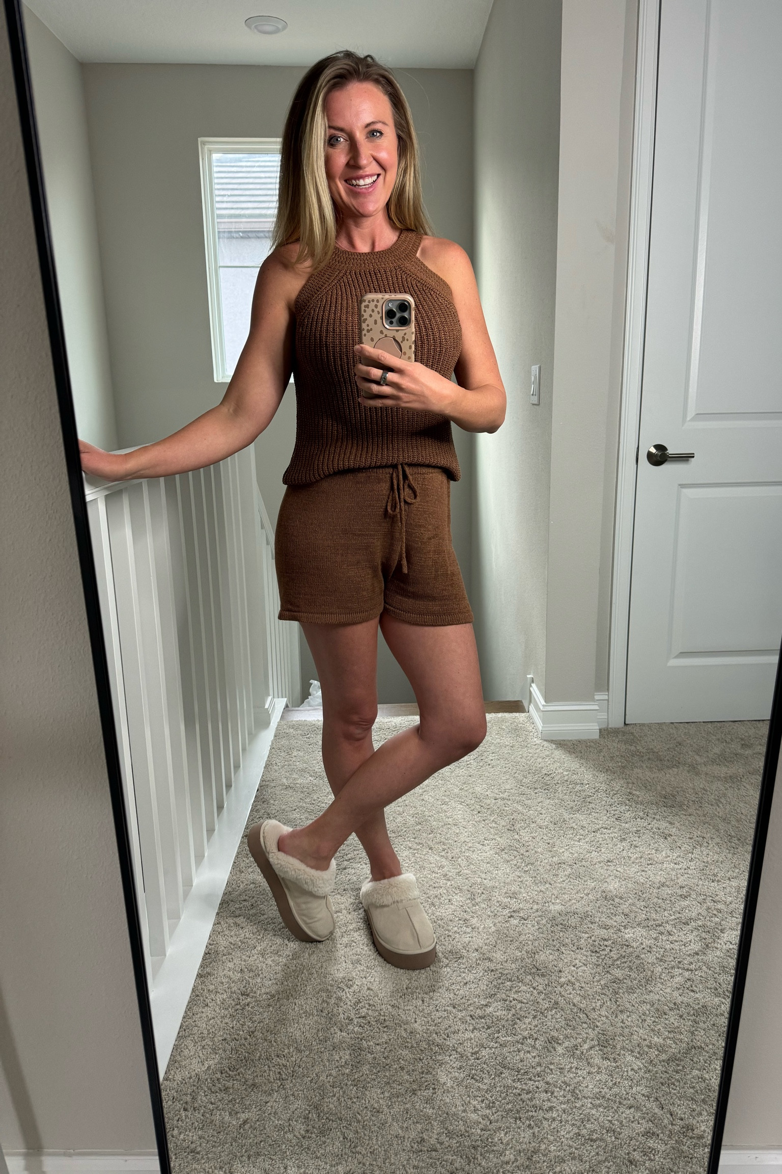 In love with this matching high neck knit sweater shorts set! So comfortable and stylish for days around the house or running errands. Paired with some cozy slippers and call it a day! This coffee brown color is perfection!

Wearing a size small
Almost 5’6” and 130lbs

#LTKstyletip #LTKfindsunder50 #LTKSeasonal