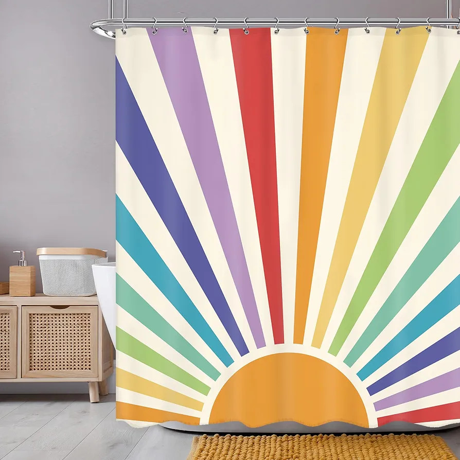 Boho Vintage Sun 70s Shower Curtain 60Wx72H Inch Retro Rainbow Cute Sunshine Sunrise Sunset Color... | Amazon (US)