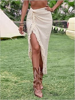 SHENHE Women's Twist Front High Slit Fringe Skirt Asymmetrical Tassel Boho Midi Skirt | Amazon (US)