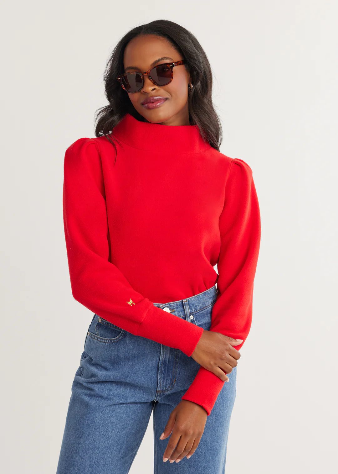 Palace Puff Sleeve Turtleneck in Vello Fleece (Red) | Dudley Stephens