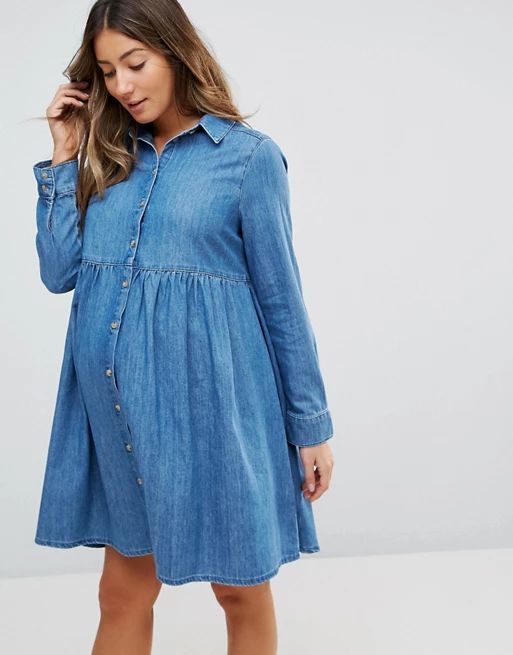 ASOS MATERNITY Denim Smock Shirt Dress in Midwash Blue | ASOS US