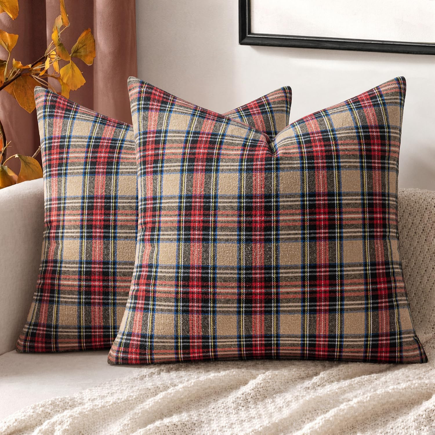 MIULEE Fall Plaid Pillow Covers Scottish Tartan 18x18 Khaki | Amazon (US)