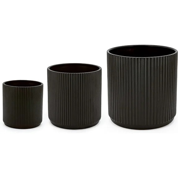 Fluted Ceramic Round Planter with Drainage Hole, Indoor Outdoor Flower Pot, 8-inch, Black | Walmart (US)