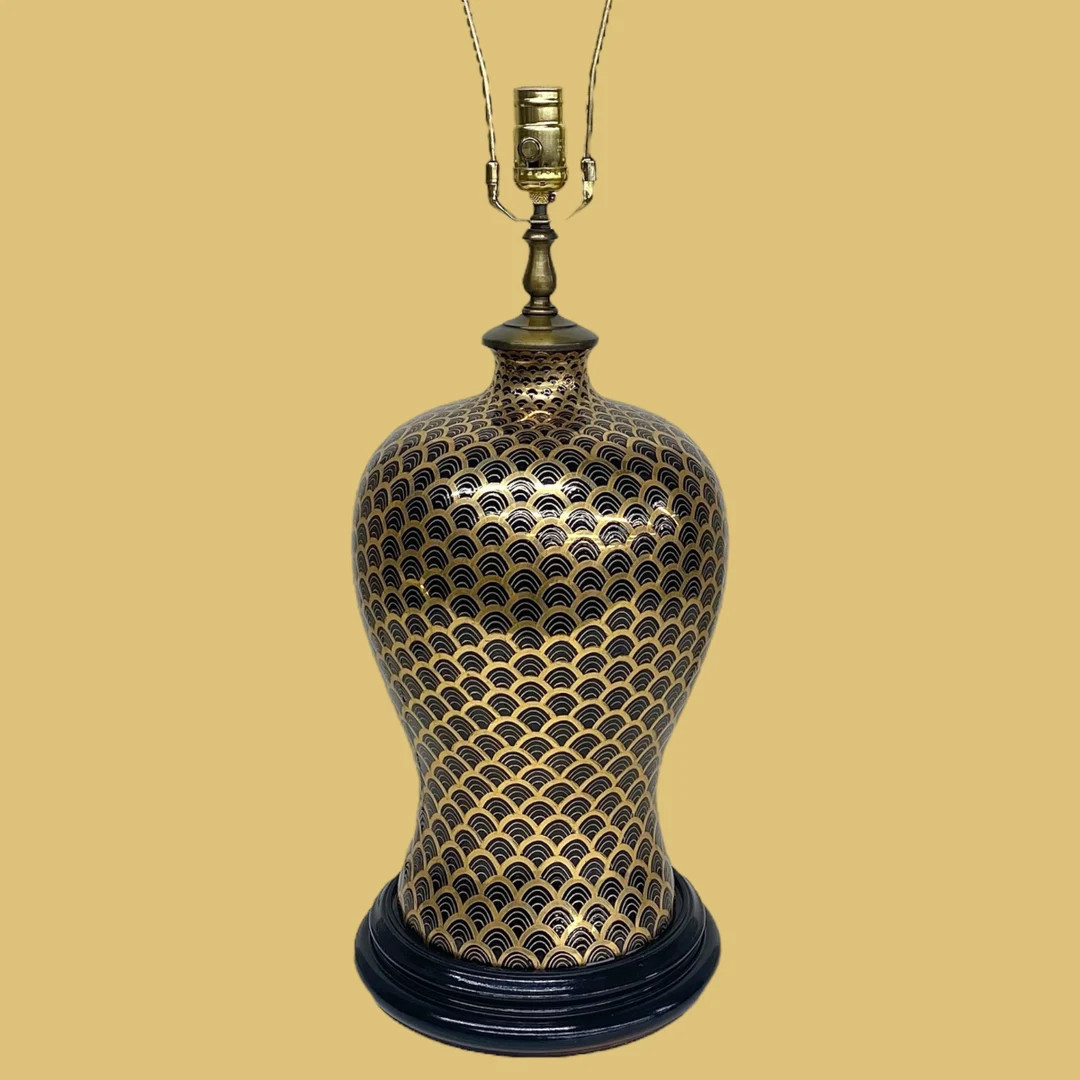 Vintage Fish Scale Table Lamp Retro 1960s Hollywood Regency + Black and Gold + Hand Painted + Bra... | Etsy (US)