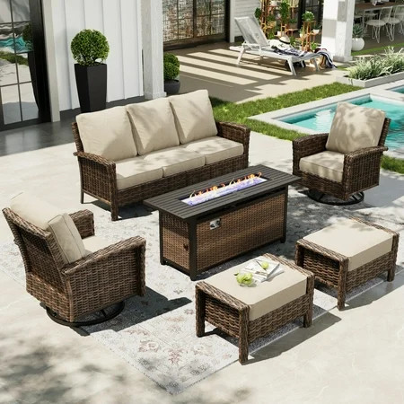 Sophia & William 6 Pieces Patio Furniture Set with 56" Fire Pit Table, Swivel High Back Chairs and 5.5" Thickened Cushions | Walmart (US)
