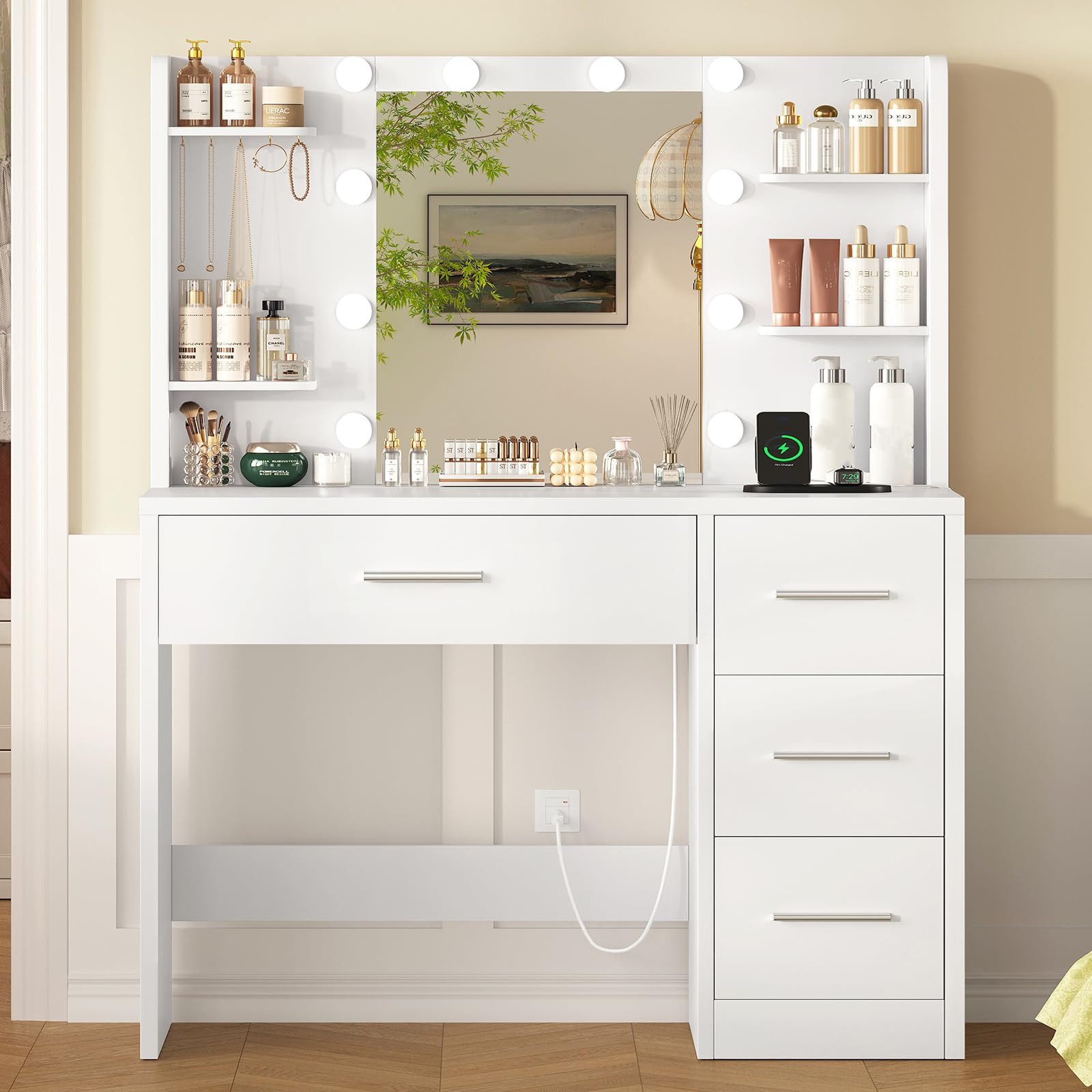 FIONESO Vanity Desk with Mirror and Lights, Makeup Vanity with Power Outlet and 4 Drawers & 6 She... | Amazon (US)