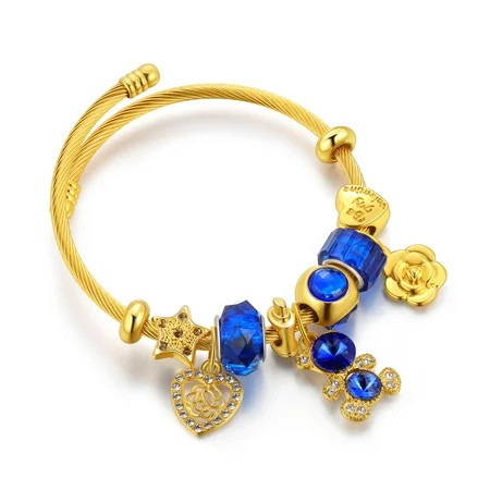 Heart Rose Flower Blue Teddy Bear Charm Bracelet for Women Gold Plated Crystal Beads Bangle Girls | Walmart (US)
