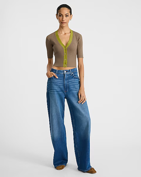 Tipped Ribbed V-Neck Short Sleeve Cardigan | Express