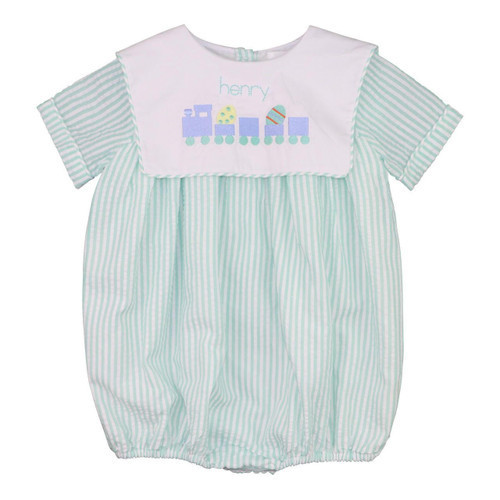 Mint Seersucker Embroidered Easter Train Bubble | Cecil and Lou