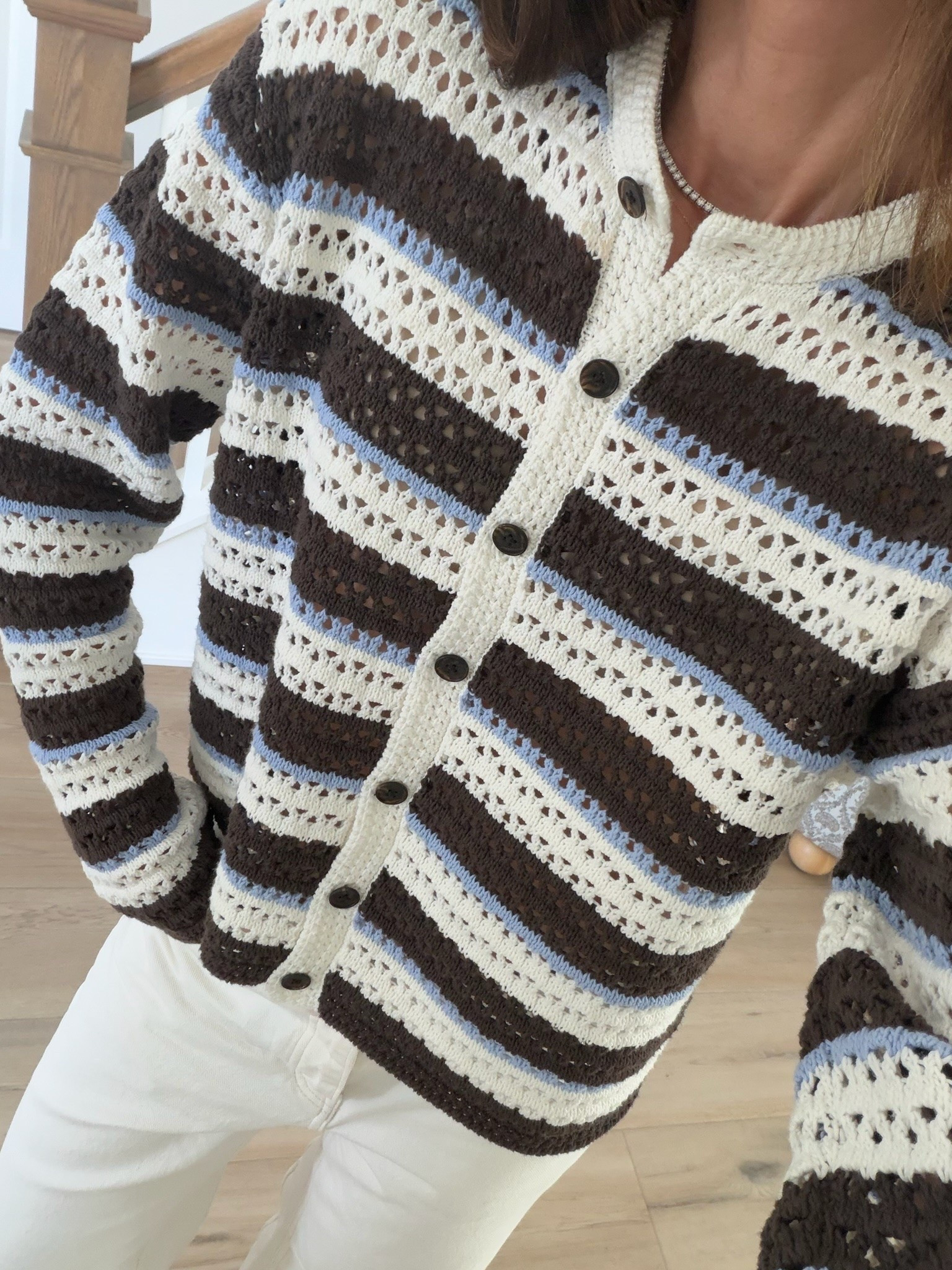 This cardigan had me immediately 🤍 The texture, the stripe detail, and the subtle blue mixed in makes it feel so much more elevated than a basic knit. So cute with white denim for summer.

striped cardigan, crochet knit, white denim outfit, summer layers, coastal style, chic casual outfit, elevated basics, neutral outfit, everyday style, annabrstyle

#LTKootd #LTKSeasonal #LTKOver40