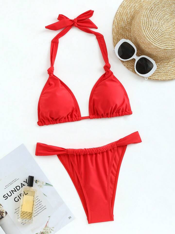 SHEIN Swim Summer Beach Women's Solid Color Triangle Halter Swimsuit Suit | SHEIN