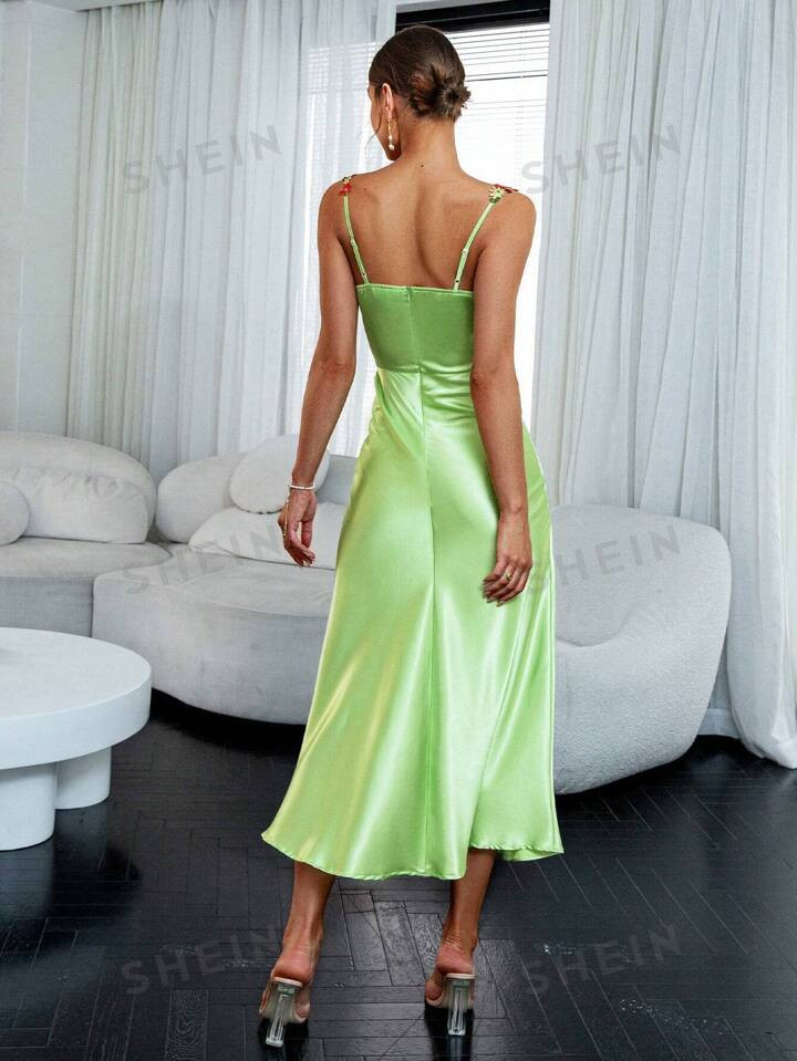 Glamaker Floral Embroidery Appliques Detail Satin Cami Dress | SHEIN