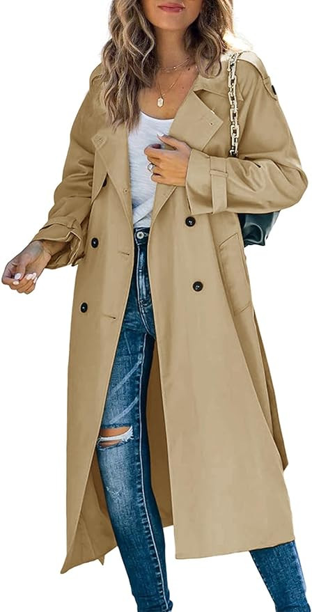 Makkrom Women's Double Breasted Long Trench Coat Windproof Classic Lapel Slim Overcoat with Belt | Amazon (US)