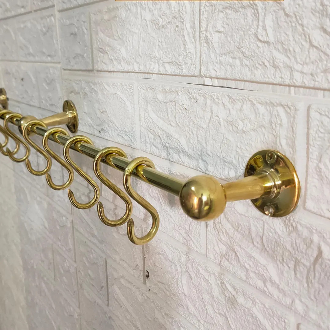 Unlacquered Brass Pot Rail, Wall Mounted Pot Rack With S Hooks, Custom Rod Hanging Pot and Pan, A... | Etsy (US)