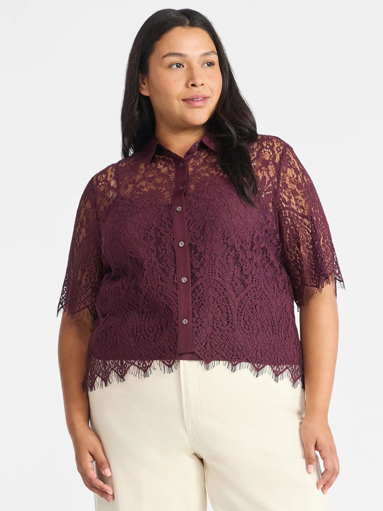 Time and Tru Women's Button Up Lace Blouse with Short Sleeves, Sizes XS-XXXL | Walmart (US)
