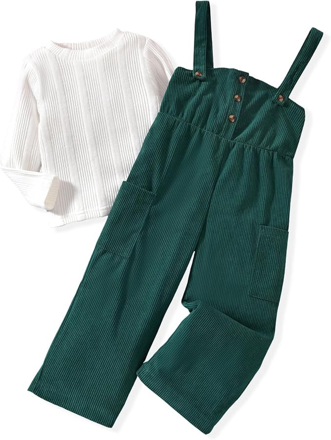 HINTINA Toddler Girl Cloth Long Sleeve Tee Corduroy Button Down Pinafore Overall Jumpsuit 2 Piece... | Amazon (US)