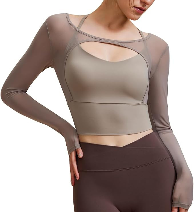 Harssidanzar Women Long Sleeve Mesh Yoga Top Built-in Sports Bra CL304US | Amazon (US)