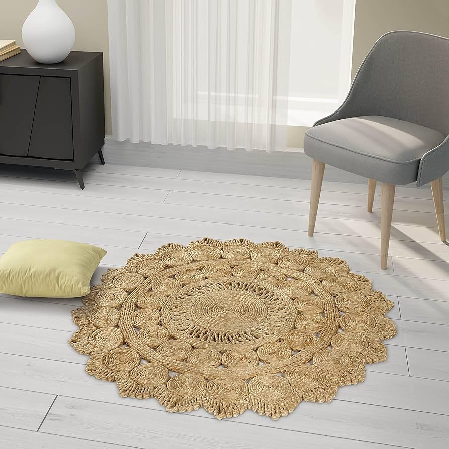 GRUHUM Handwoven Jute Area Rug 4 feet Round Natural Fiber Boho Soft Braided Rustic Vintage Beige ... | Amazon (US)