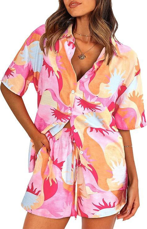 PRETTYGARDEN Women Summer 2 Piece Beach Outfits Printed Short Sleeve Tops Lounge Shorts Casual Tr... | Amazon (US)