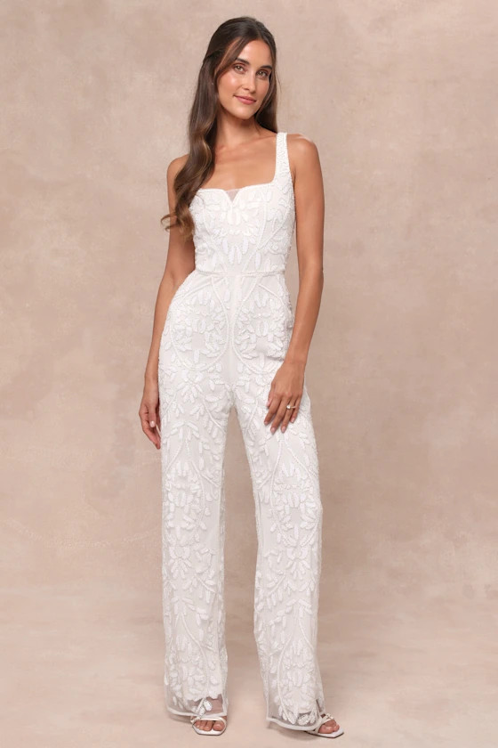 Glittering Influence White Mesh Beaded Lace-Up Sequin Jumpsuit | Lulus