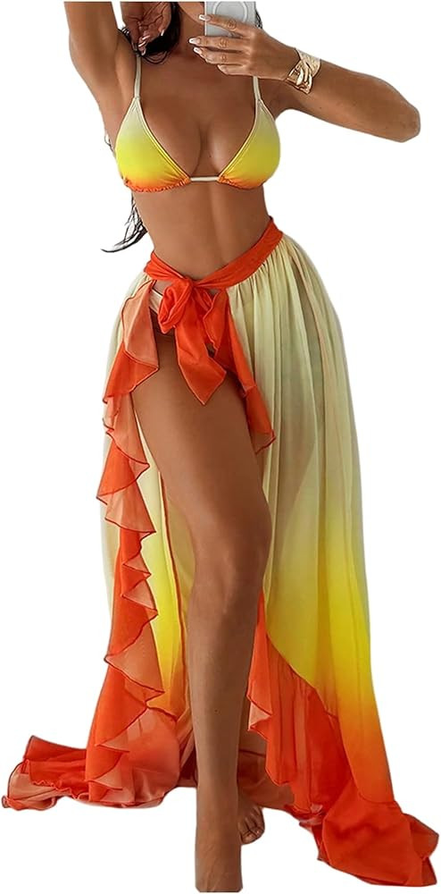 SHENHE Women's 3 Piece Swimsuits with Sarong Coverup Wrap Skirt Triangle Ombre Bikini Sets | Amazon (US)