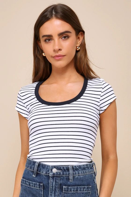 Classic Essential White Striped Ribbed Scoop Neck Tee | Lulus