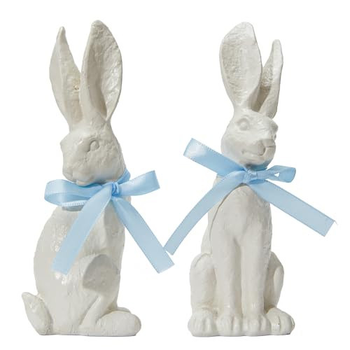 WDS WONDROUS Easter Decorations Bunny Figurines Set, Realistic Bunnies 2-Pcs White Resin Textured with Blue Bow, Nordic Spring Farmhouse Tabletop Decor Gift for Mantel Shelf Home Office | Amazon (US)