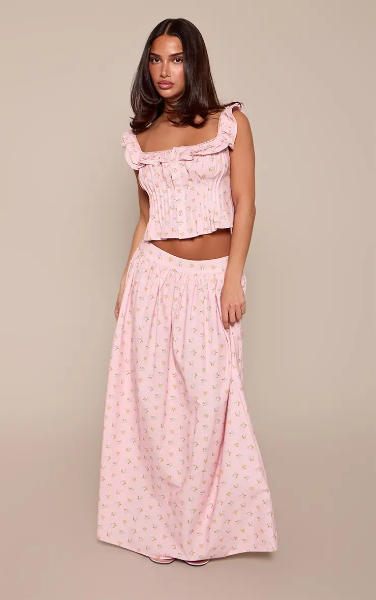 Baby Pink Petite Baby Pink Ditsy Print Cotton Pleated Maxi Skirt Co-ord | PrettyLittleThing USA | PrettyLittleThing US