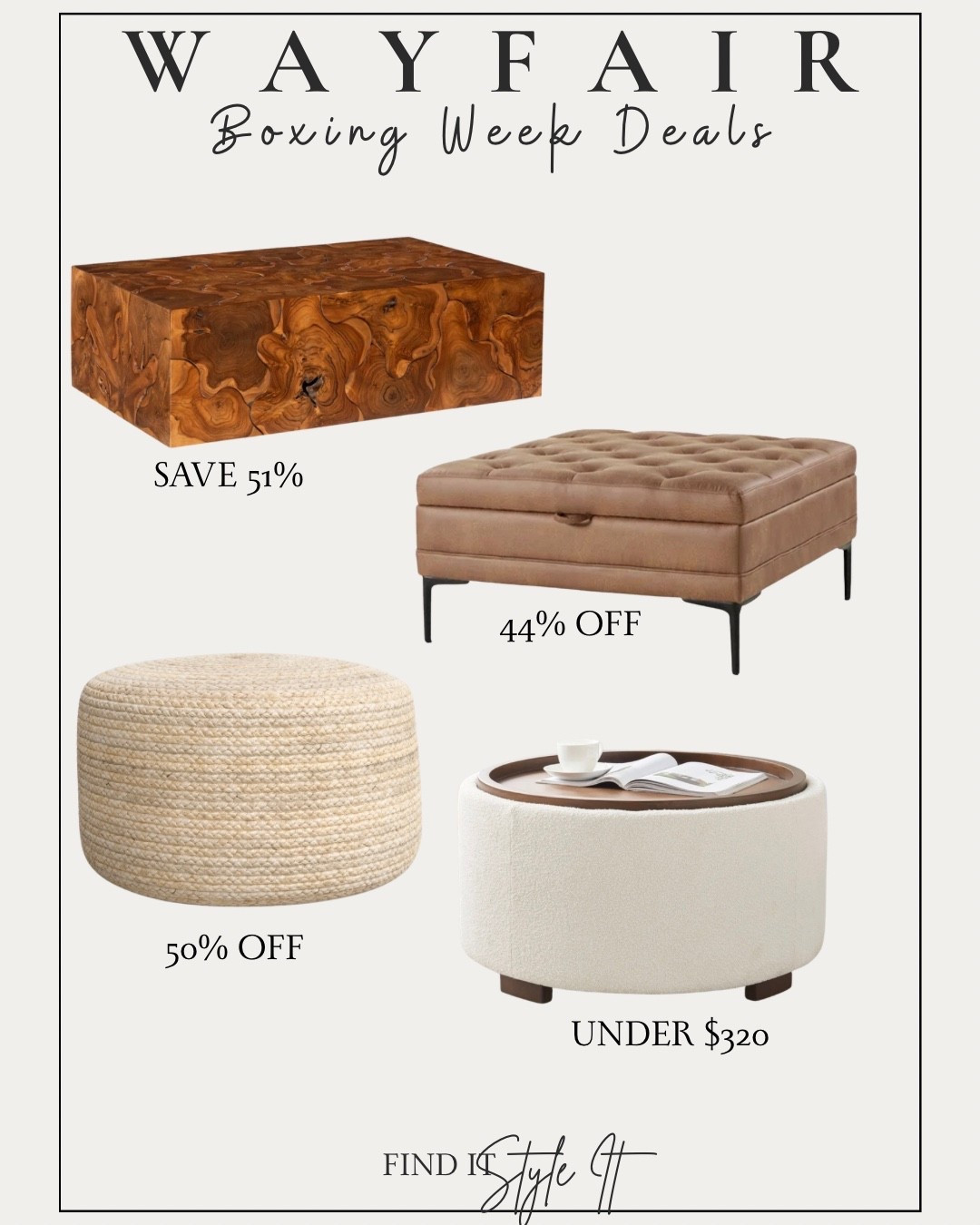 Wayfair Boxing Week is so good this year 🤍
I rounded up the best coffee tables + ottomans that instantly elevate a space — think warm wood, soft textures, and modern organic vibes.

✔️ Up to 51% off
✔️ Stylish + practical
✔️ Some finds under $320

Perfect for living rooms, family rooms, or layered seating moments.


#WayfairCaHome
#WayfairCanada
#BoxingWeekDeals
#ModernOrganicHome
#NeutralHomeDecor
#LivingRoomInspo
#CoffeeTableStyling
#HomeDeals
#AffordableHome
#ltkxwayday


#LTKhome #LTKsale #LTKcanada