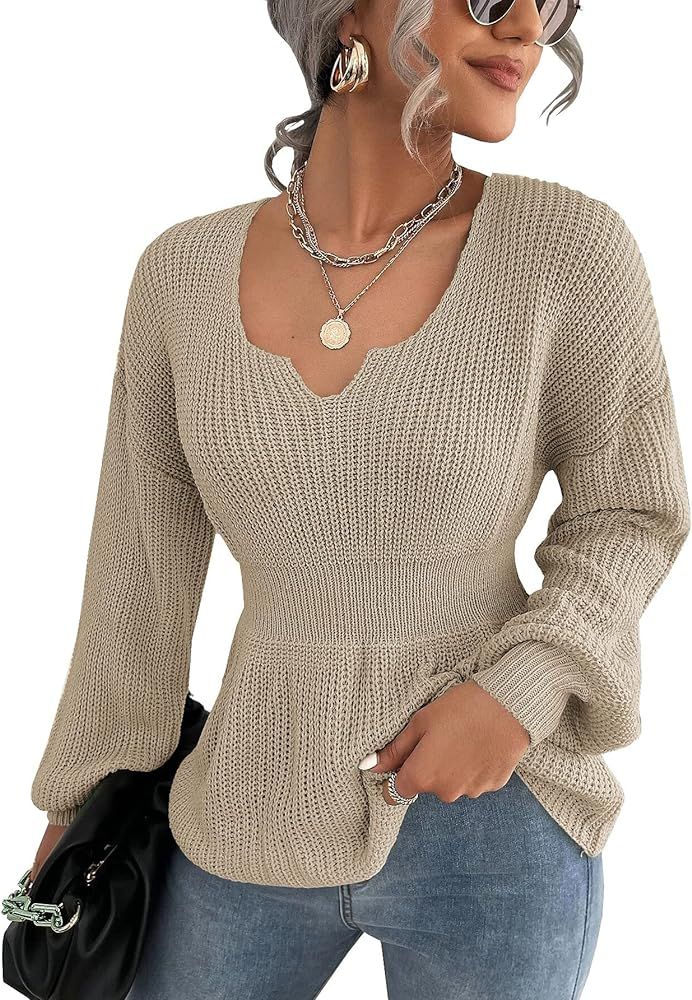 Veatzaer Womens Long Sleeve Knit Sweater V Neck Drop Shoulder Babydoll Sweater Solid Sweater Pull... | Amazon (US)