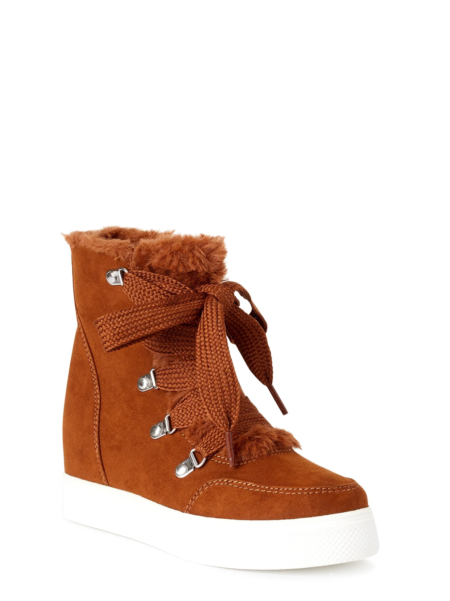 Time and Tru Women's Faux Fur Lace-Up Booties | Walmart (US)