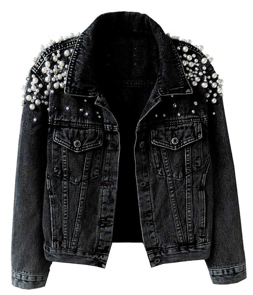 Kedera Women's Jean Jacket Embroidered Rivet Pearl Short Denim Jacket Coat | Amazon (US)