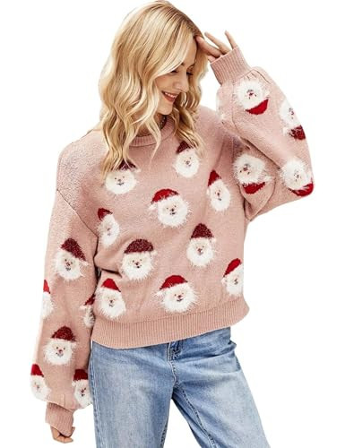 VOROFY Ugly Christmas Sweater Women Funny Santa Xmas Cute Snowflake Holiday Party Knitted Pullover Tops (Pink-L) | Amazon (US)