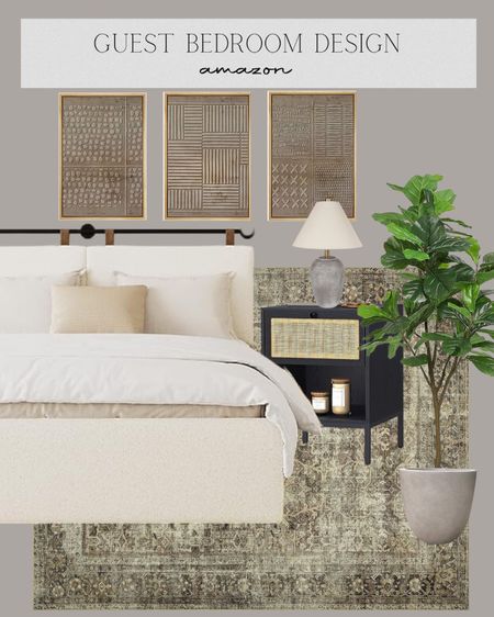 Organic modern guest bedroom design. All of these finds are from Amazon 

Amazon home finds 
Bedframe 
Small nightstand 
Faux fiddle leaf tree
Faux concrete planter 
Set of 3 abstract art
Transitional home decor 
Stone lamp 

#LTKhome #LTKunder50 #LTKunder100
