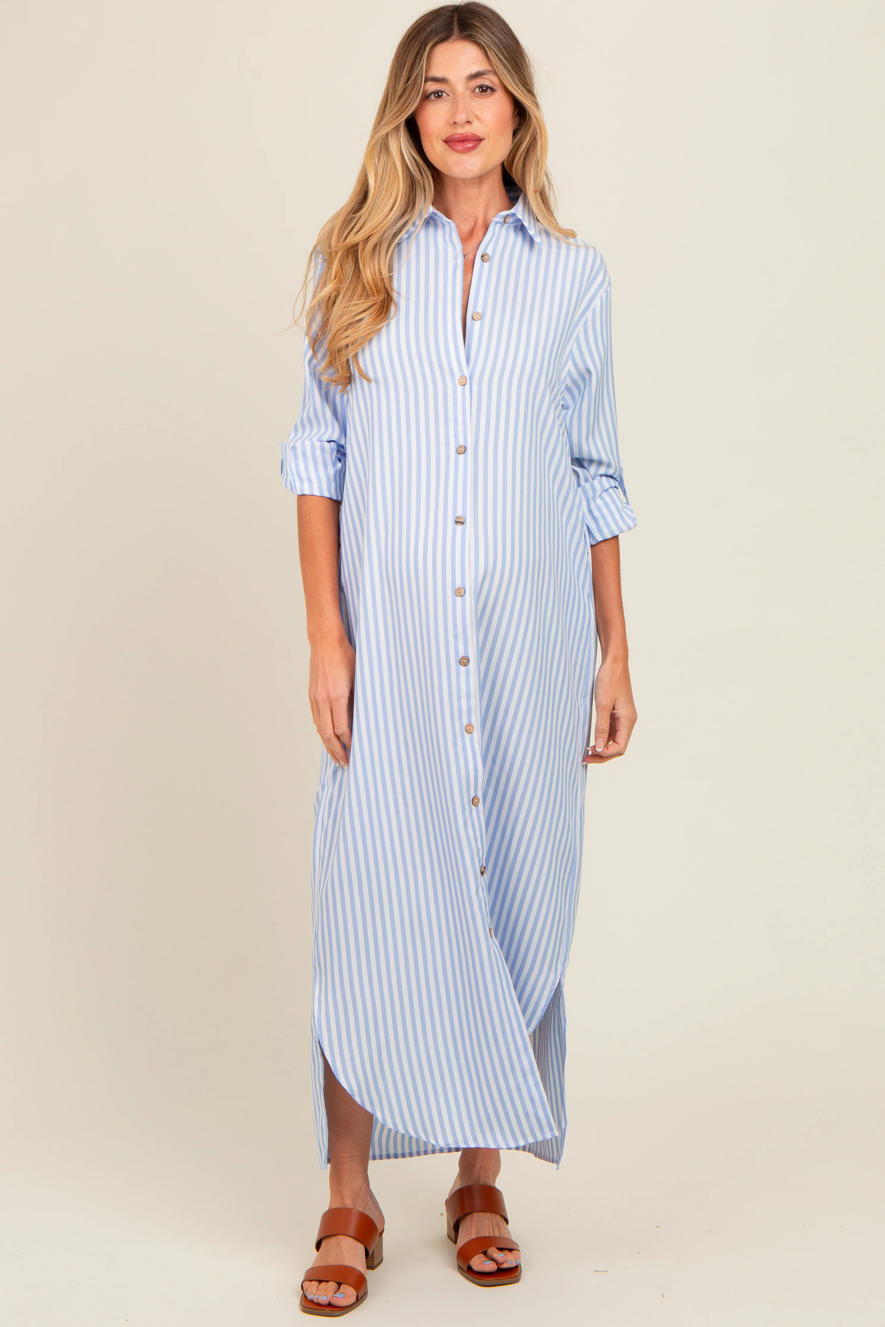 Light Blue Striped Button Down Maternity Maxi Dress | PinkBlush Maternity