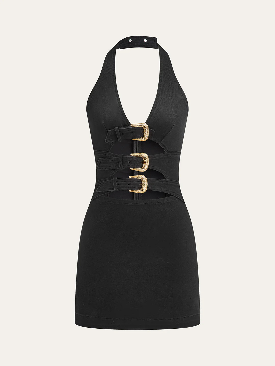 Halter Neck Buckle Detail Denim Dress | Commense