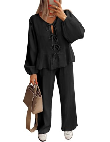 ZESICA Women's Two Piece Outfits Set 2024 Long Sleeve Tie Front Top and Wide Leg Pants Casual Lou... | Amazon (US)
