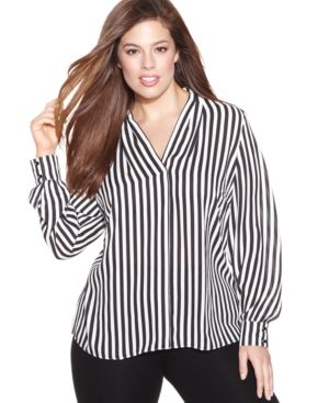 INC International Concepts Plus Size Long-Sleeve Striped Blouse | Macys (US)
