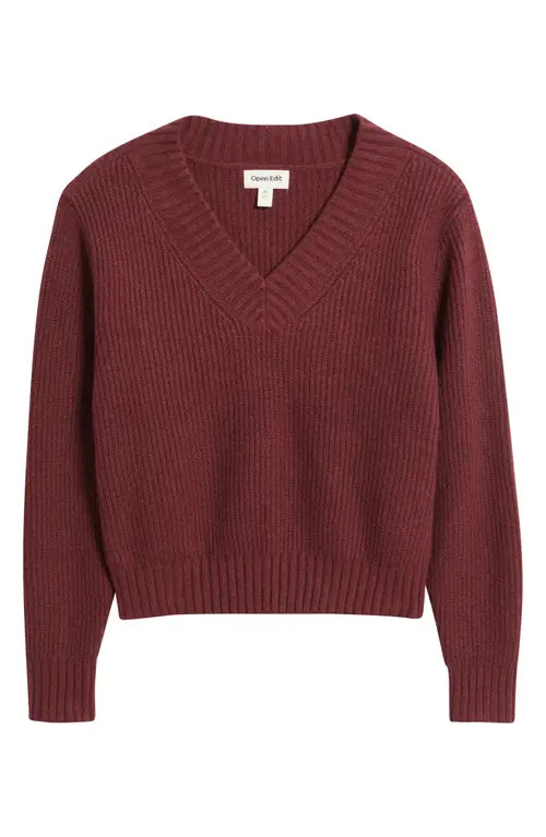 Open Edit Rib V-Neck Sweater in Burgundy Tannin at Nordstrom, Size X-Small | Nordstrom