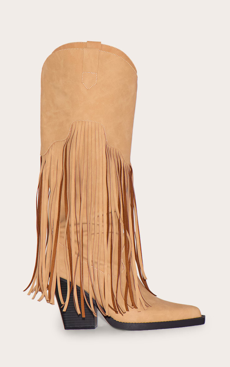 Tan Faux Suede Point Toe Fringed Heel Knee High Western Boots | PrettyLittleThing US