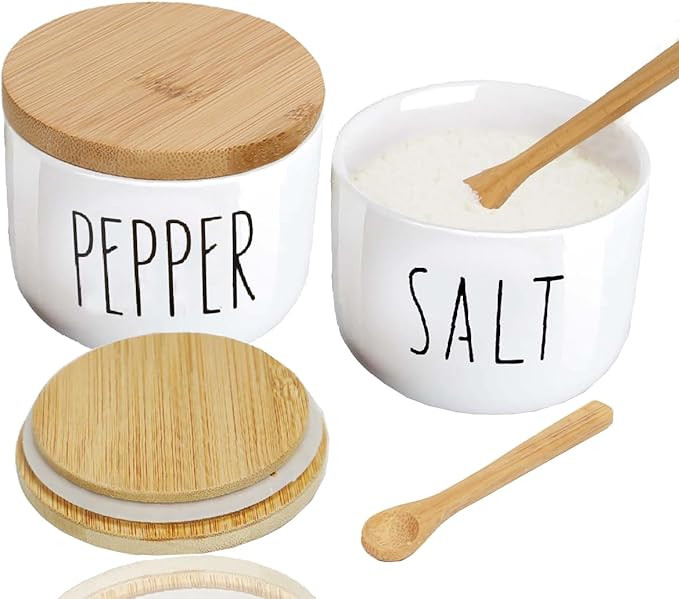 Farmhouse Salt And Pepper Bowls,Stacked Ceramic Salt Cellar With Bamboo Lid, Salt Container With ... | Amazon (US)