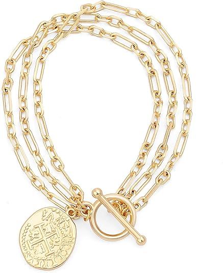 PEARLADA 18k Gold Chain Layerd Bracelet Coin Charm Toggle Bracelet Trendy Cubic Zirconia Jewelry | Amazon (US)